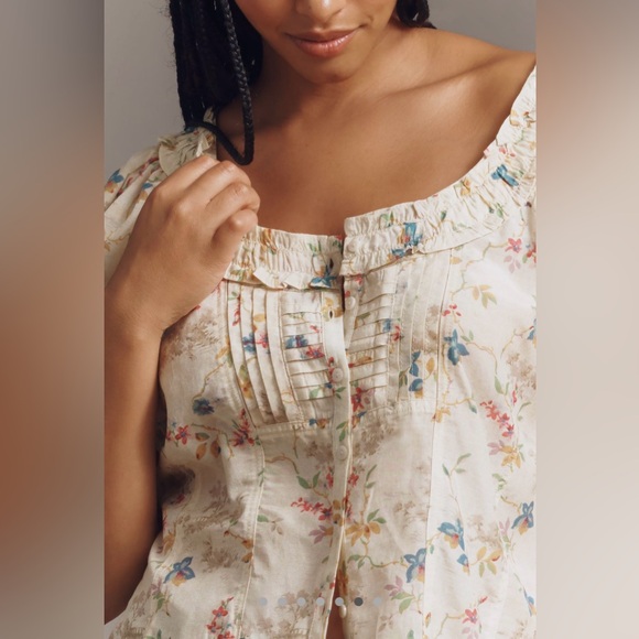 Anthropologie Cream Floral Ruffle Blouse - Picture 6 of 15